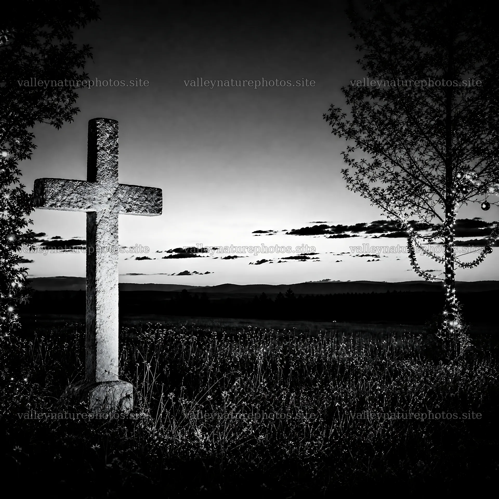 Golden Christian cross in sunset meadow – nature photography 7938x7938