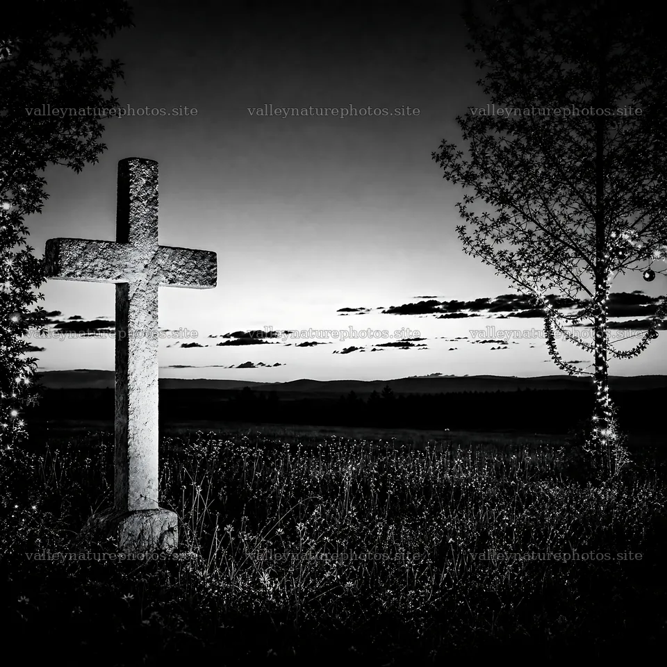 Golden Christian cross in sunset meadow – nature photography 7938x7938