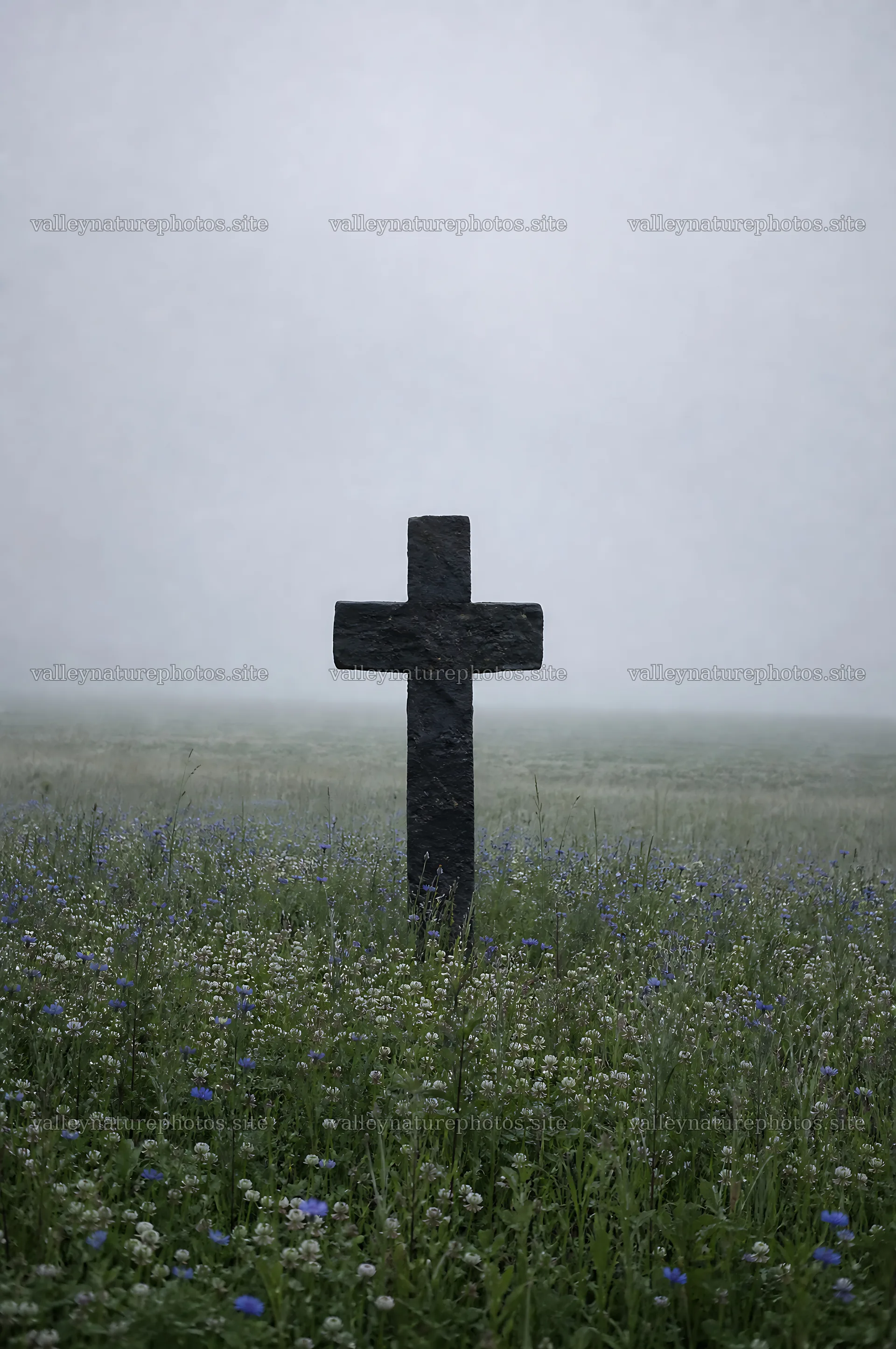 Dark Christian cross in summer meadow with misty background – nature photography 6468x9740