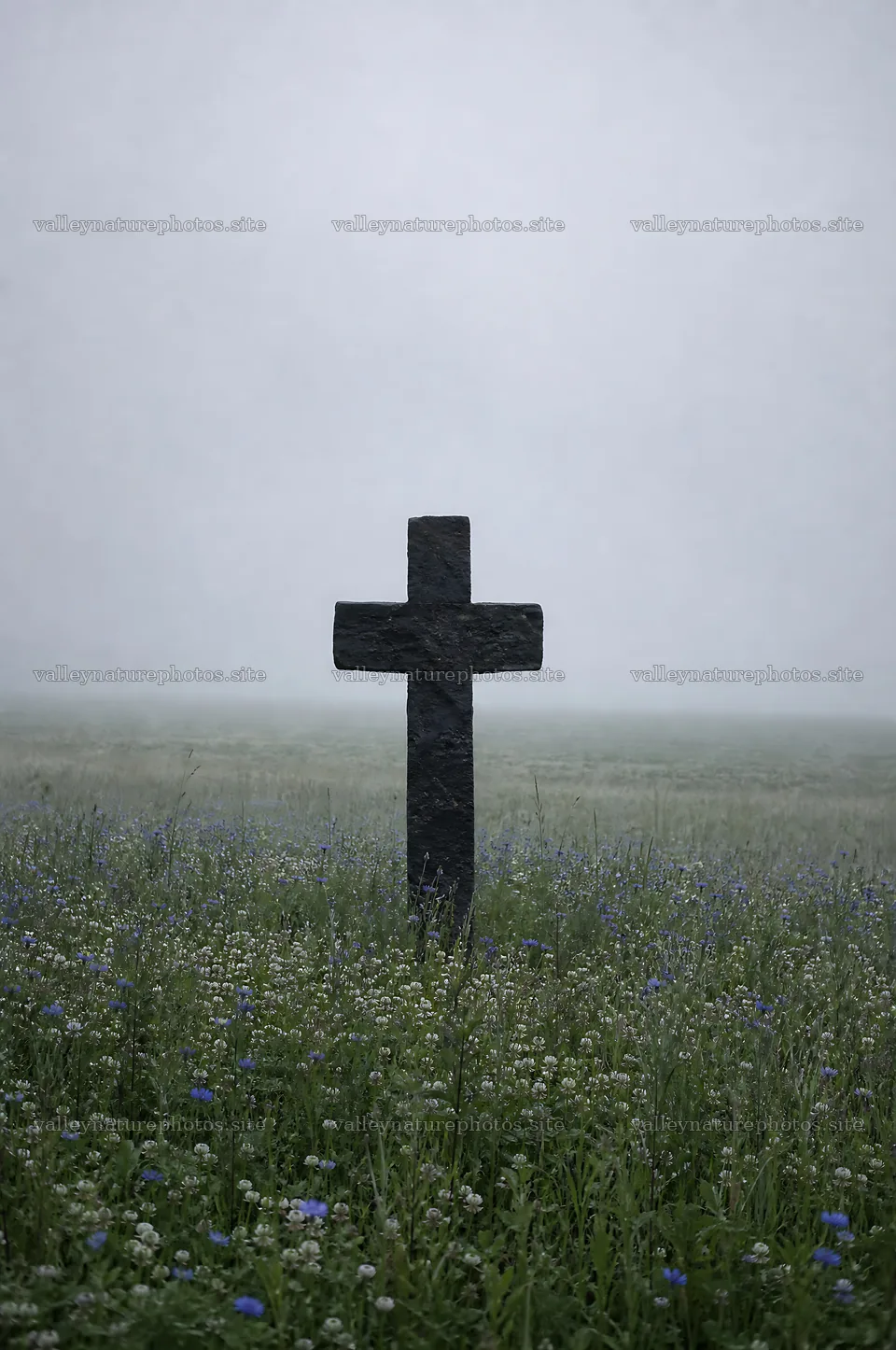 Dark Christian cross in summer meadow with misty background – nature photography 6468x9740