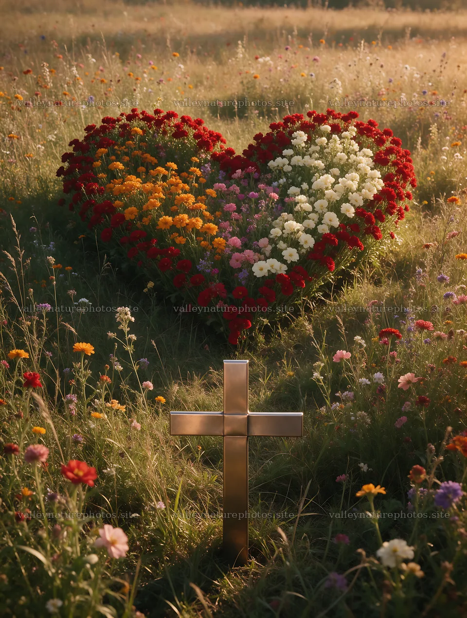 Christian cross in heart-shaped flower arrangement at sunset – nature photography 6898x9134
