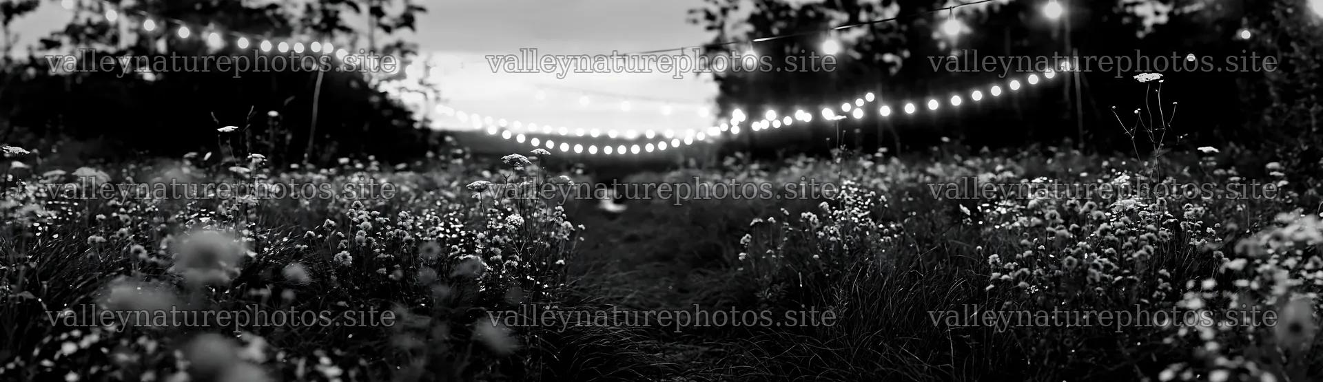 Christmas lights over a stream in a meadow at dusk – nature photography 14762x4268