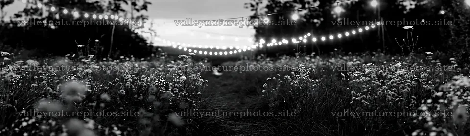 Christmas lights over a stream in a meadow at dusk – nature photography 14762x4268