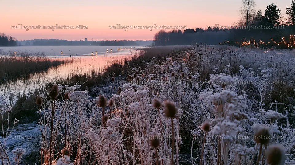 Frosty meadow with seedheads and lanterns at dawn – nature photography 10608x5938