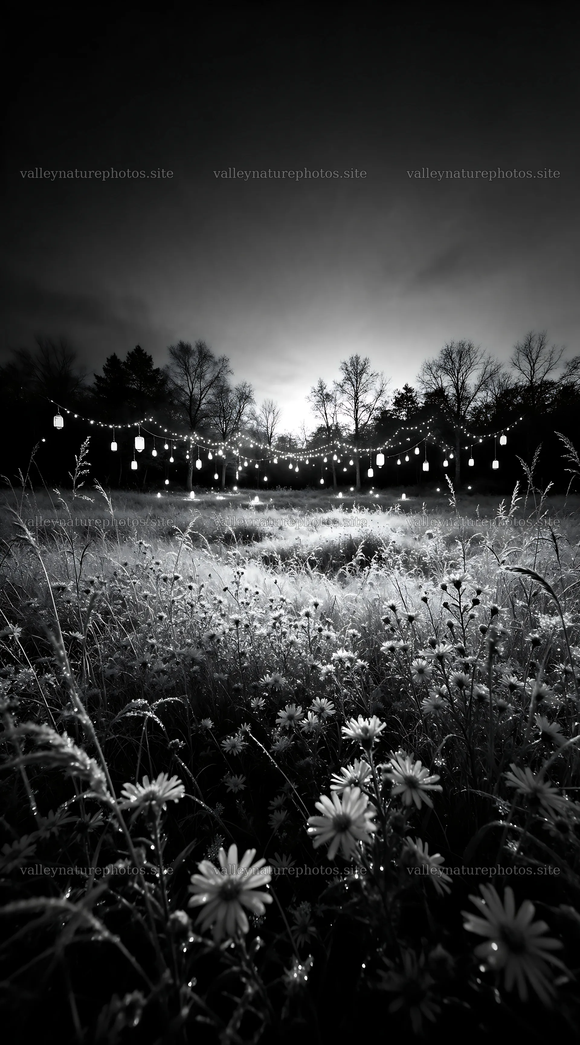 Vibrant Christmas lights in a winter meadow at dusk – nature photography 5916x10648
