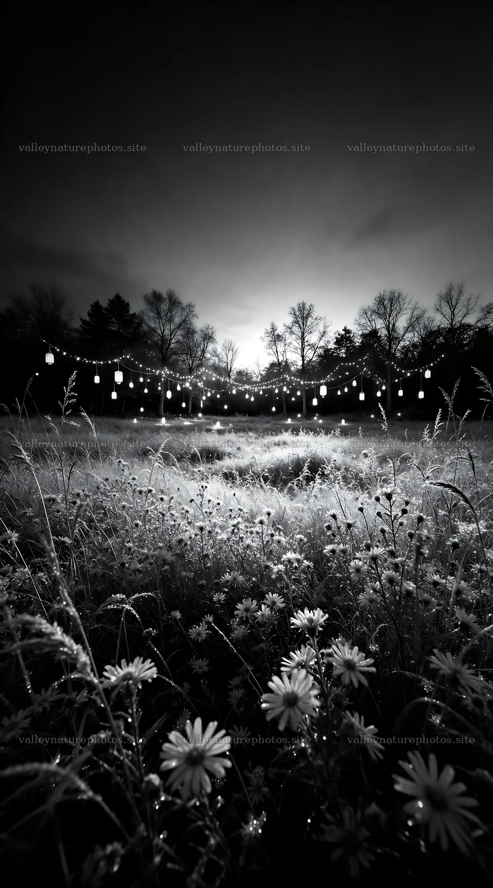 Vibrant Christmas lights in a winter meadow at dusk – nature photography 5916x10648