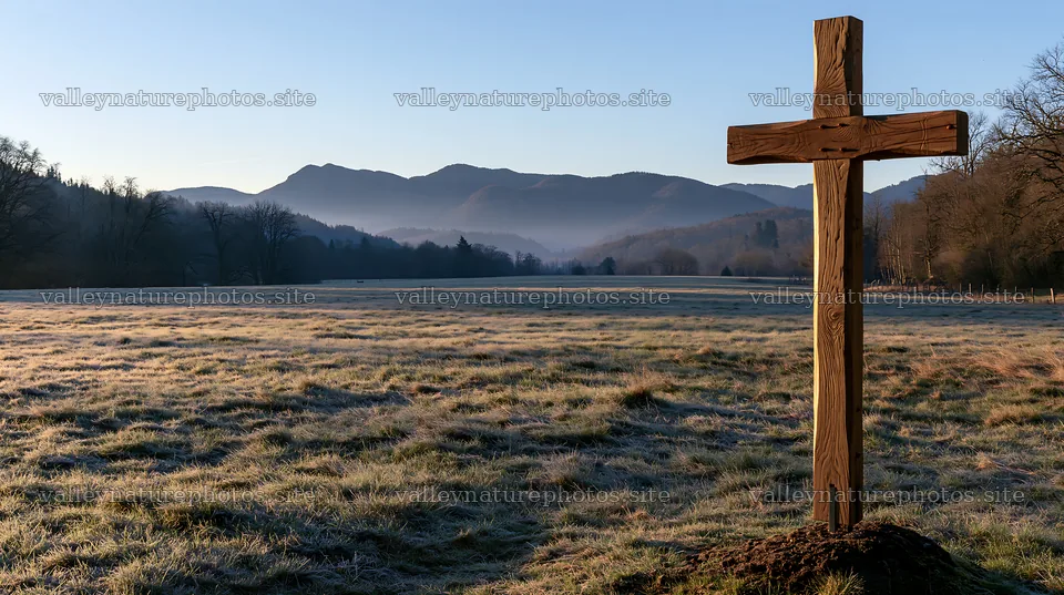 Carved oak cross in frosted meadow with mountains in background – nature photography 10608x5938