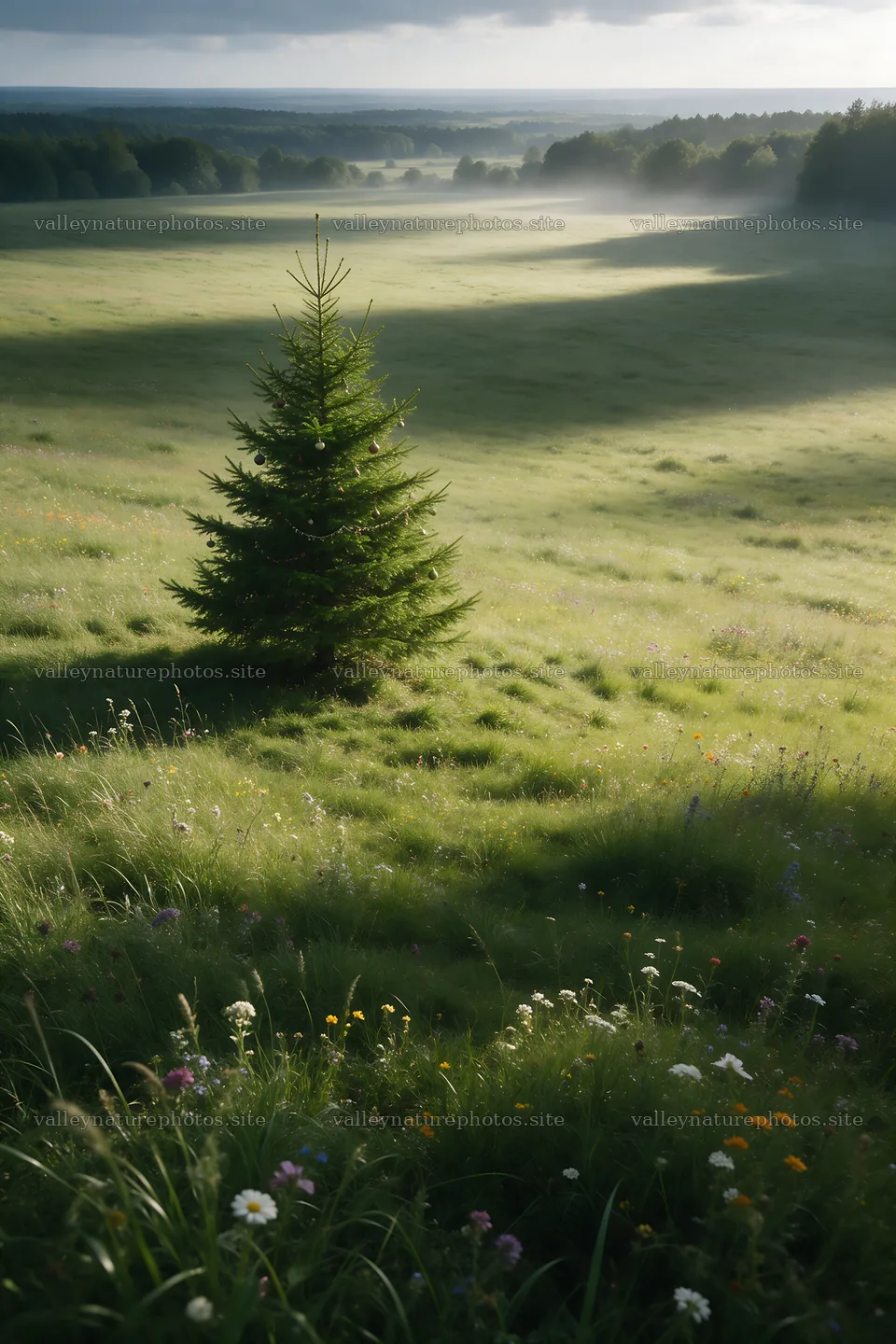 Vibrant Christmas tree in lush meadow at dawn – nature photography 6480x9722