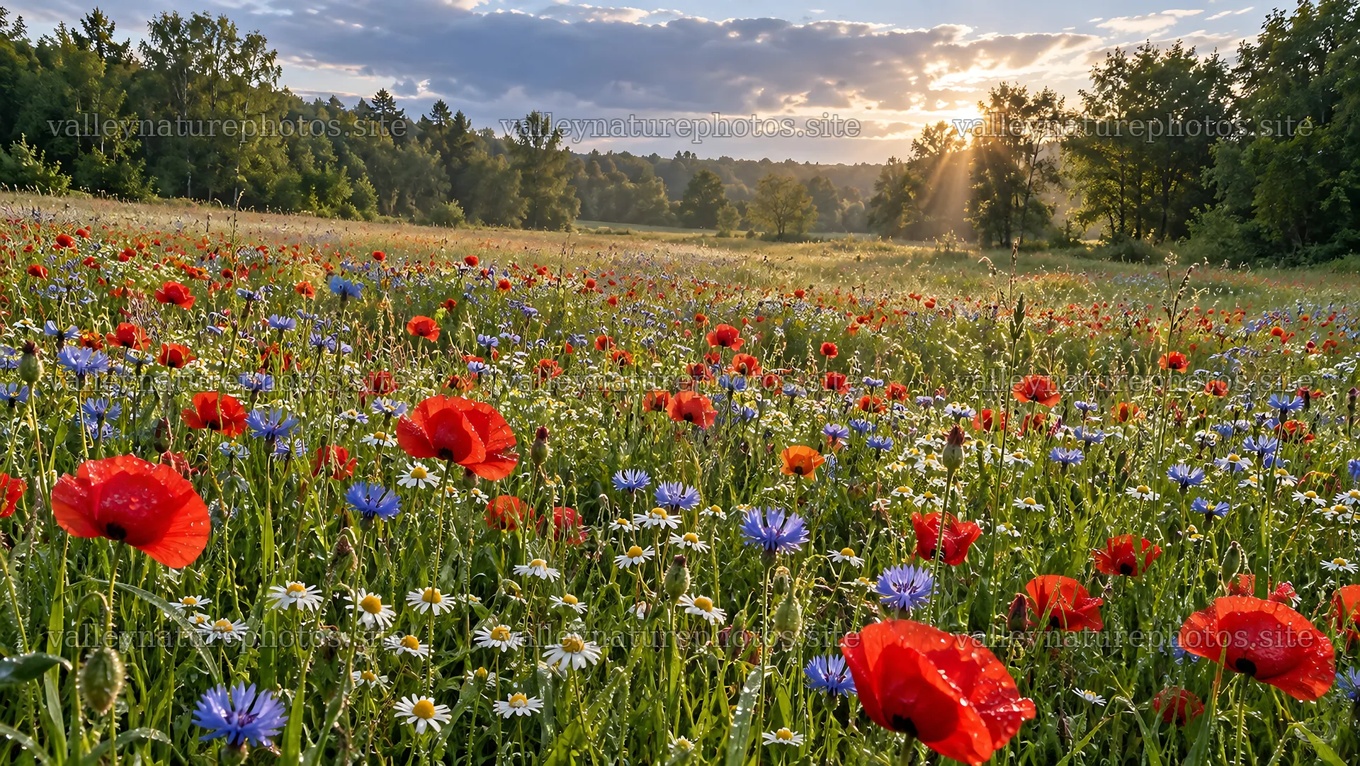 Rim-Lit Wildflower Meadow in a Forest Clearing – nature photography 10324x5812