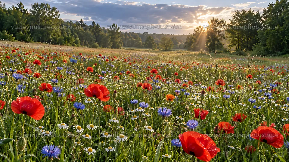 Rim-Lit Wildflower Meadow in a Forest Clearing – nature photography 10324x5812