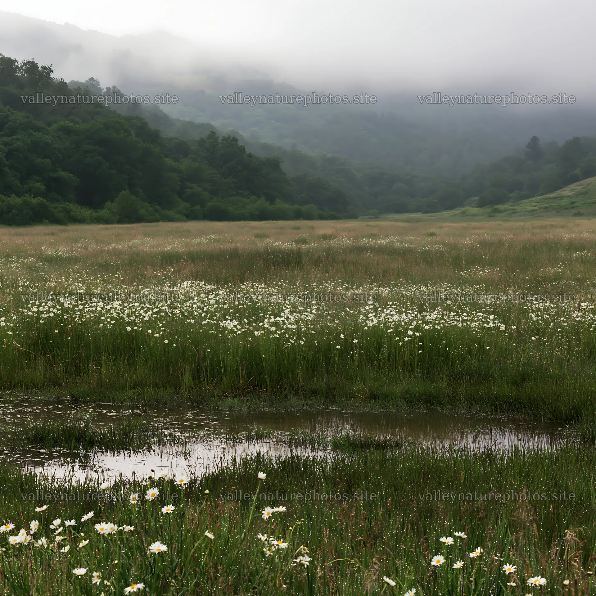 Cloudy foothill meadow with wildflowers and marshy areas – nature photography 7938x7938