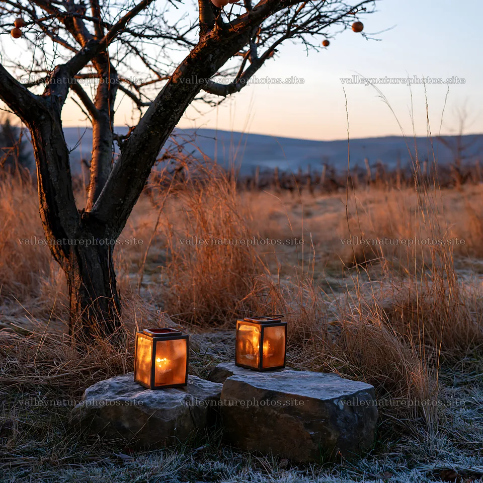 Frosted stones and lanterns near apple tree at sunset – nature photography 7938x7938