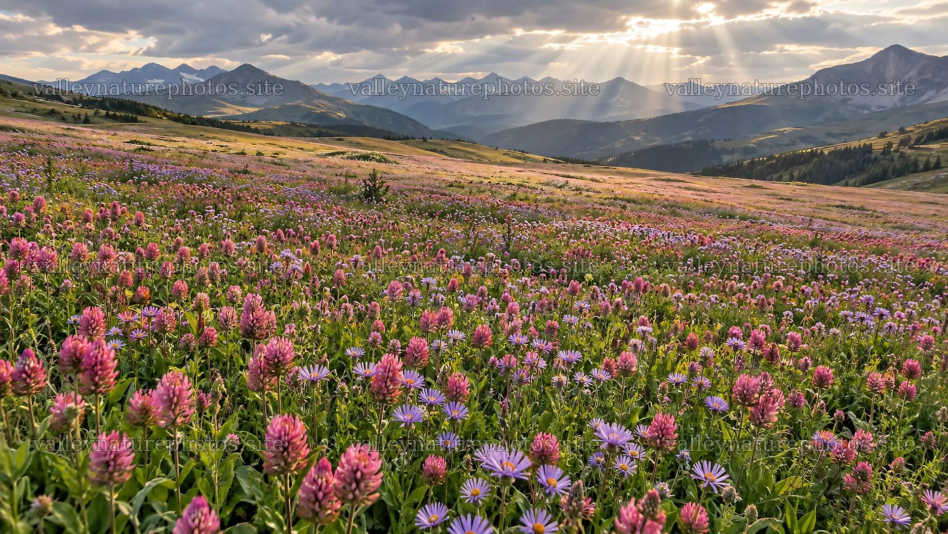 Wildflower Meadow Beneath Sunlit Mountains – nature photography 10324x5812