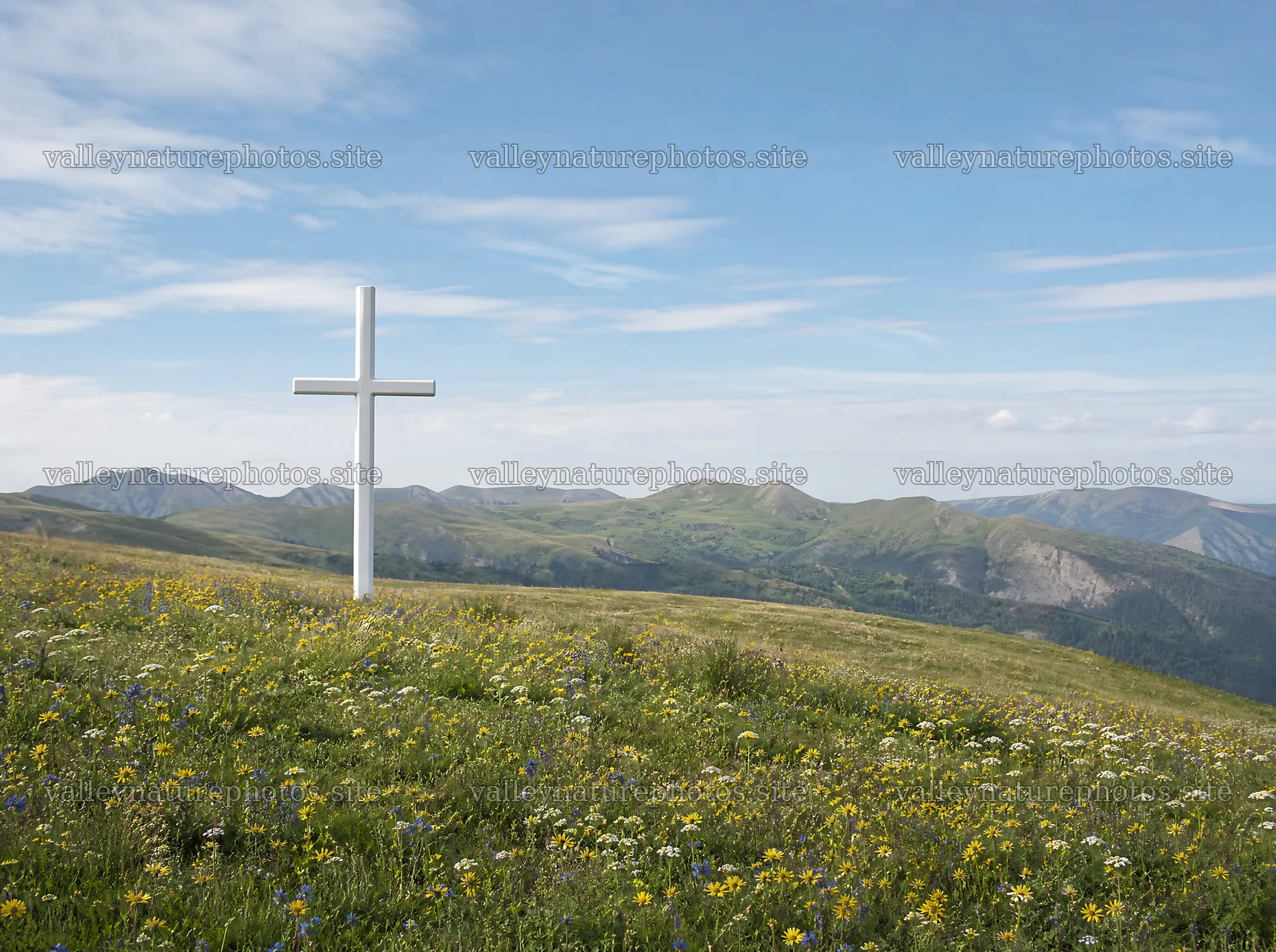 White Christian cross in wildflower meadow near mountains – nature photography 9186x6858