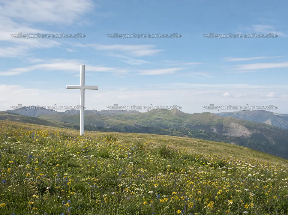 White Christian cross in wildflower meadow near mountains – nature photography 9186x6858