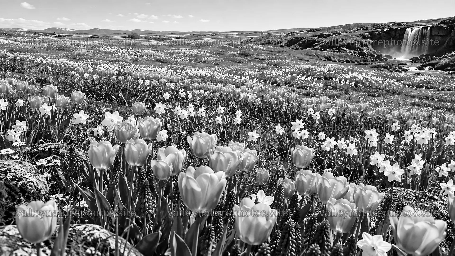 Spring Bulbs Across a Monochrome Meadow – nature photography 10324x5812