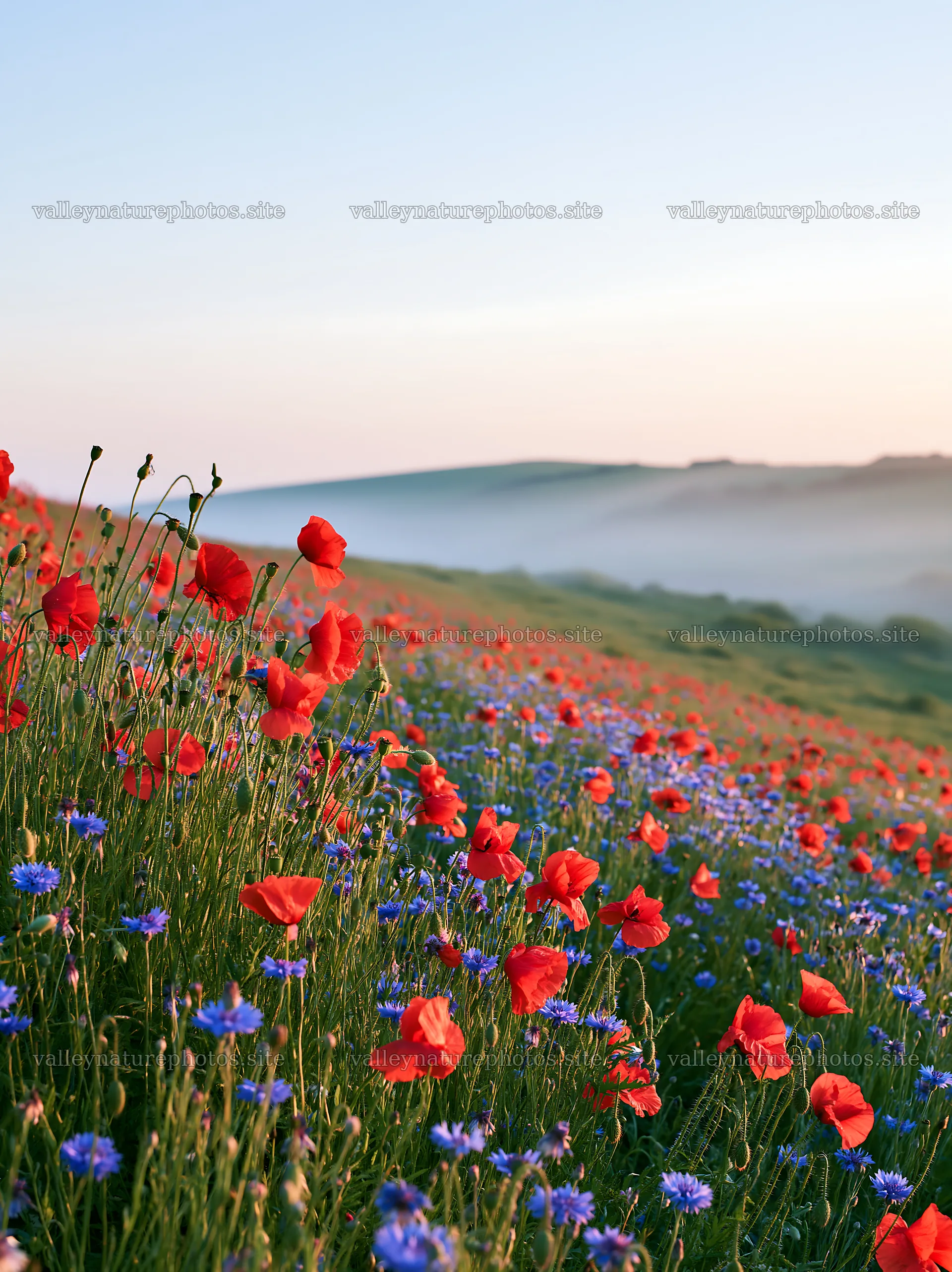 Poppy meadow with blue flowers at sunrise – nature photography 6866x9174
