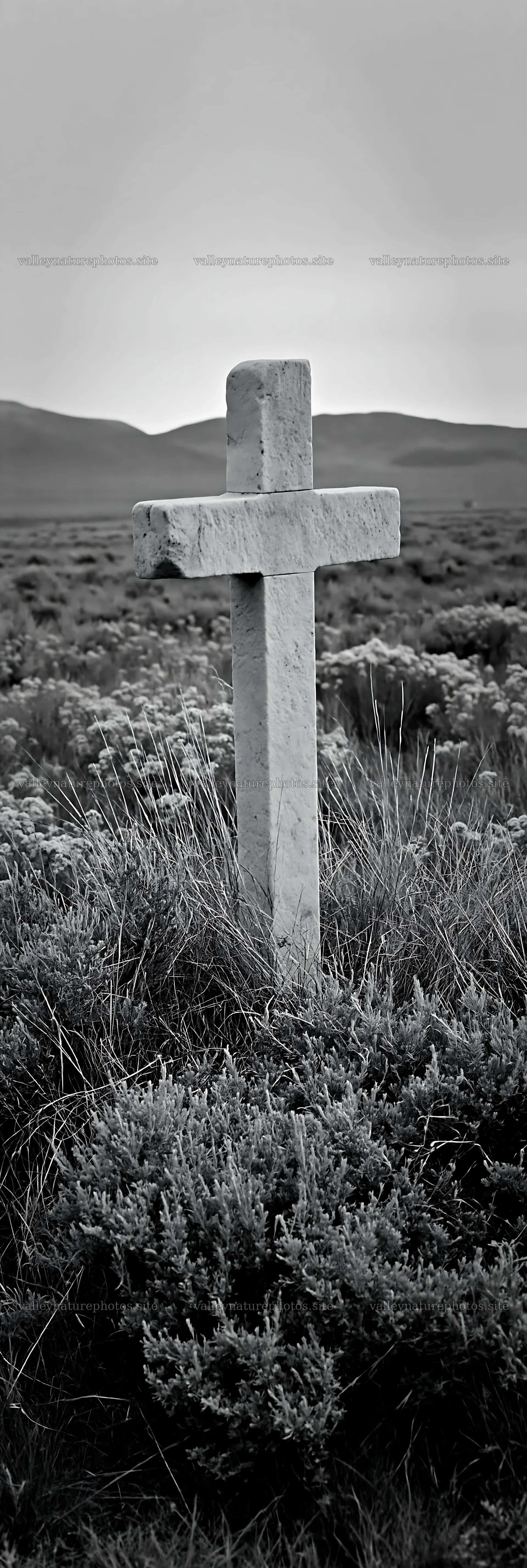 White Christian cross in meadow with mountains in background – nature photography 4602x13690