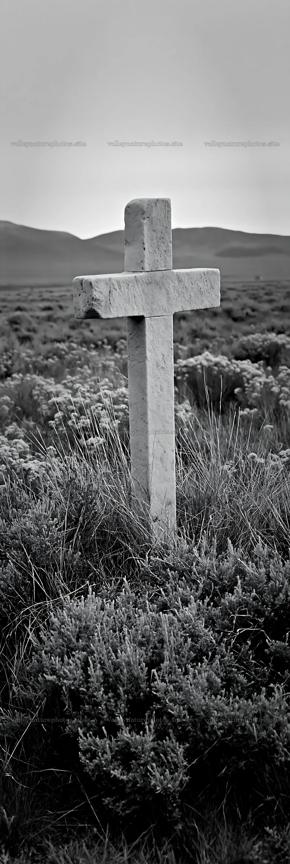 White Christian cross in meadow with mountains in background – nature photography 4602x13690