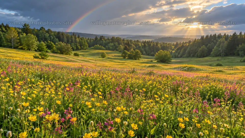 Wildflower meadow in a sunlit forest clearing – nature photography 10324x5812