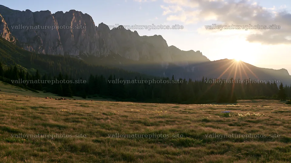 Bucegi Mountains meadow light rays at sunrise – nature photography 10608x5938
