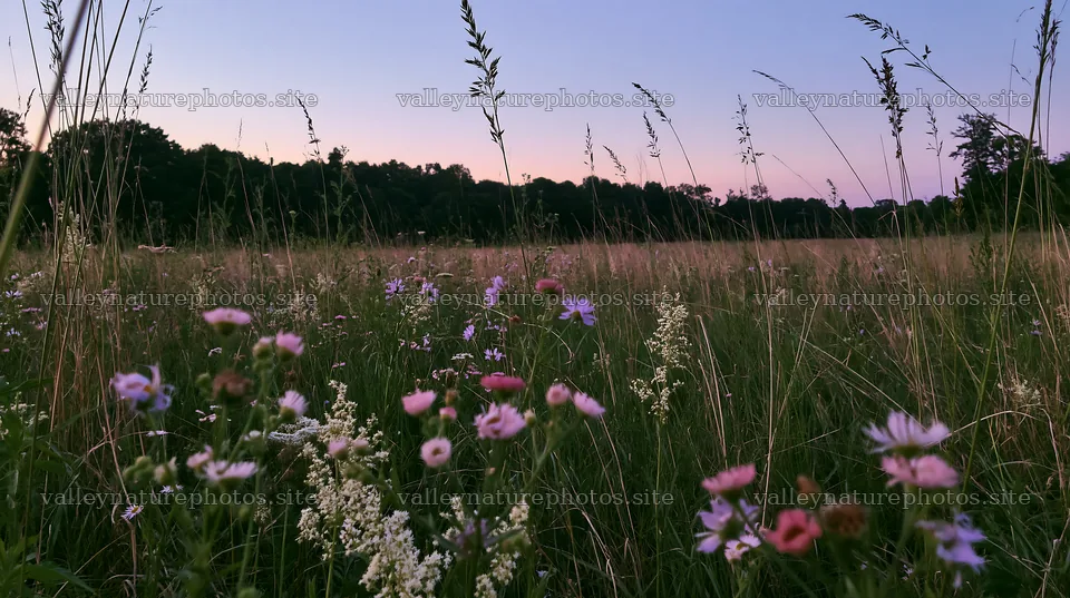 Tall grass meadow with wildflowers and evening sky – nature photography 10608x5938