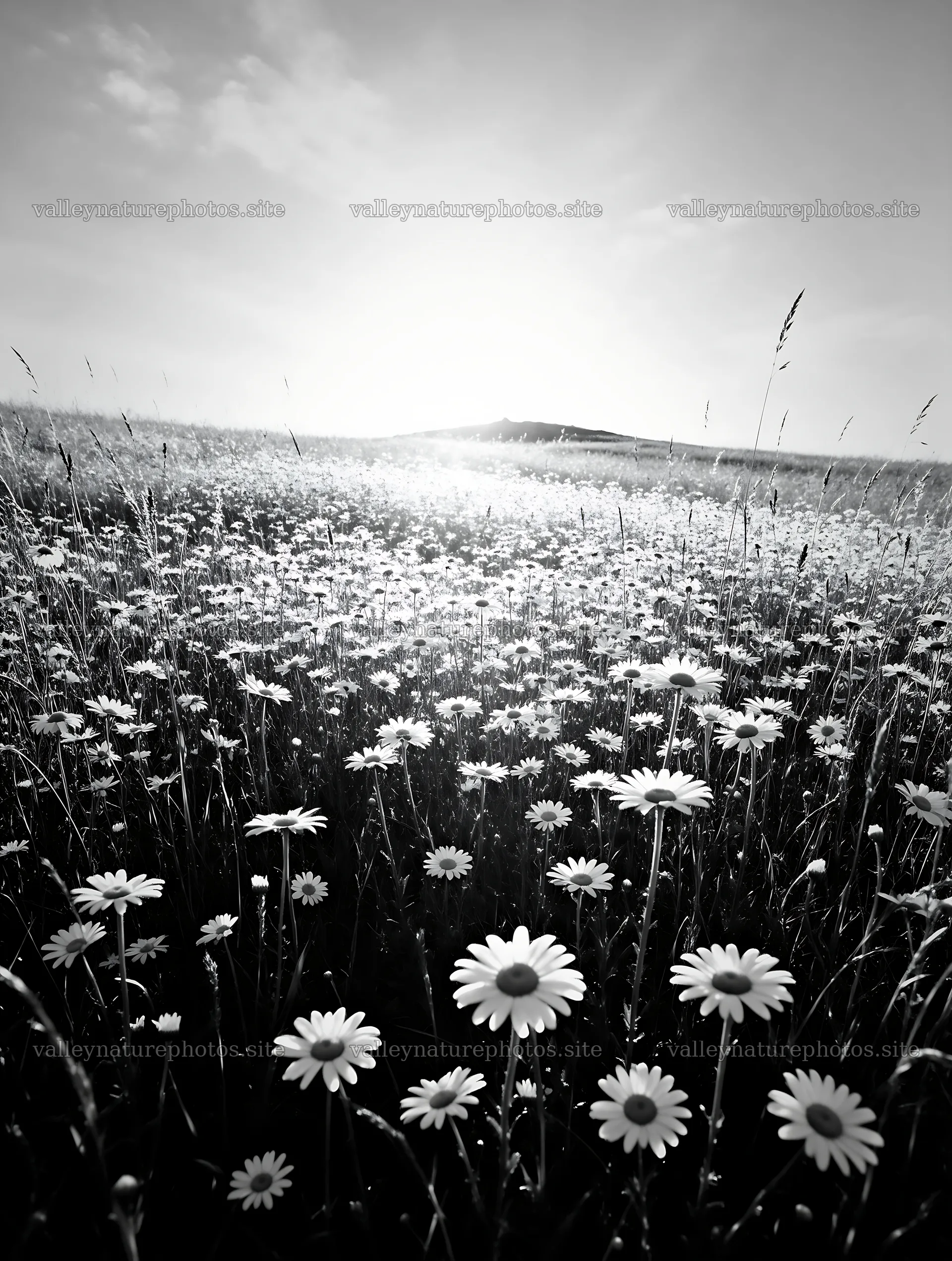 Sunny chalk meadow filled with daisies under the bright sky – nature photography 6898x9134