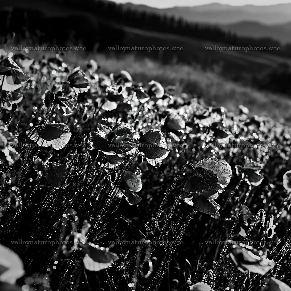 Rainwashed meadow with flowers in black and white – nature photography 7938x7938