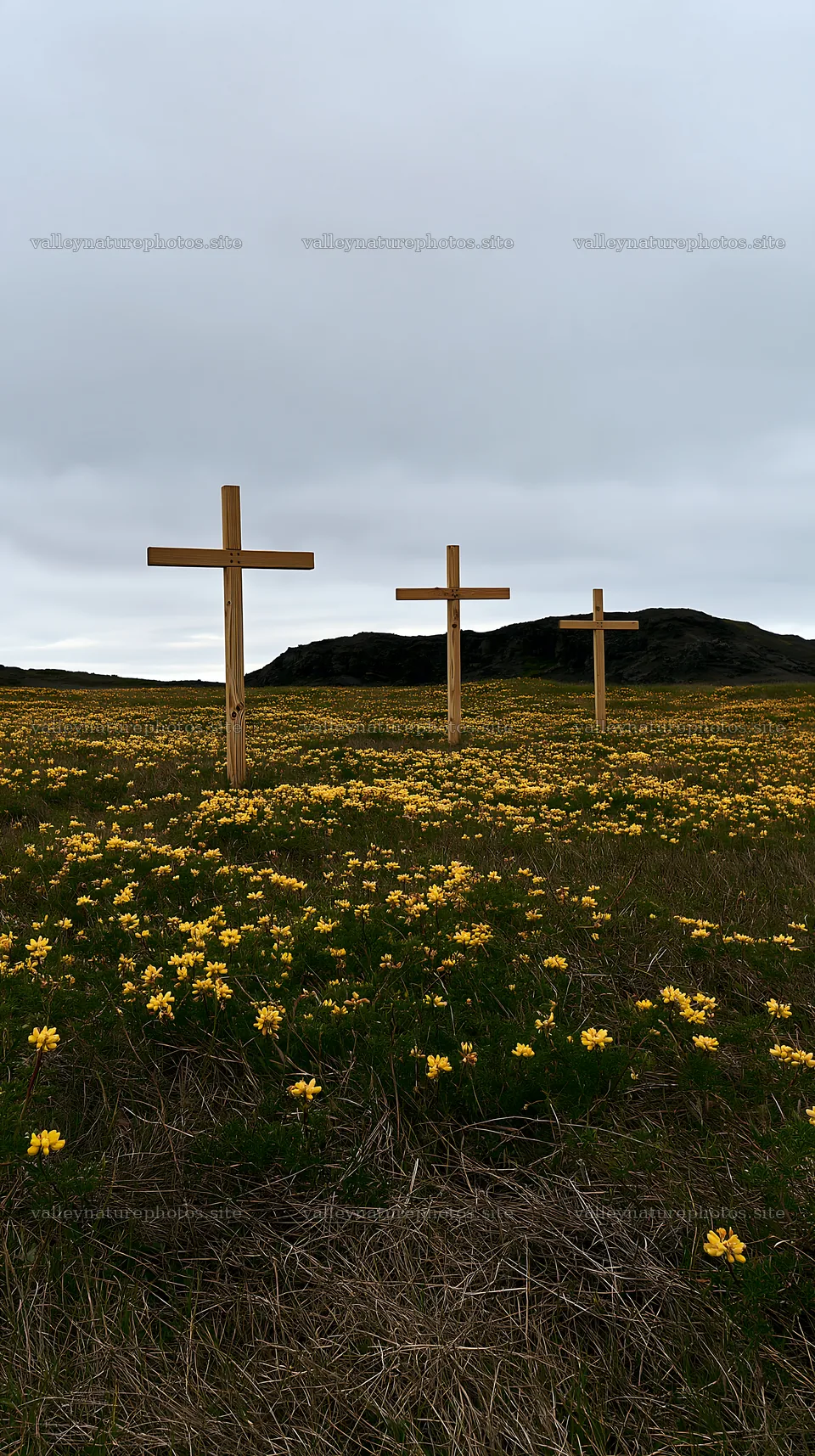 Christian crosses in a field of yellow flowers – nature photography 5938x10608