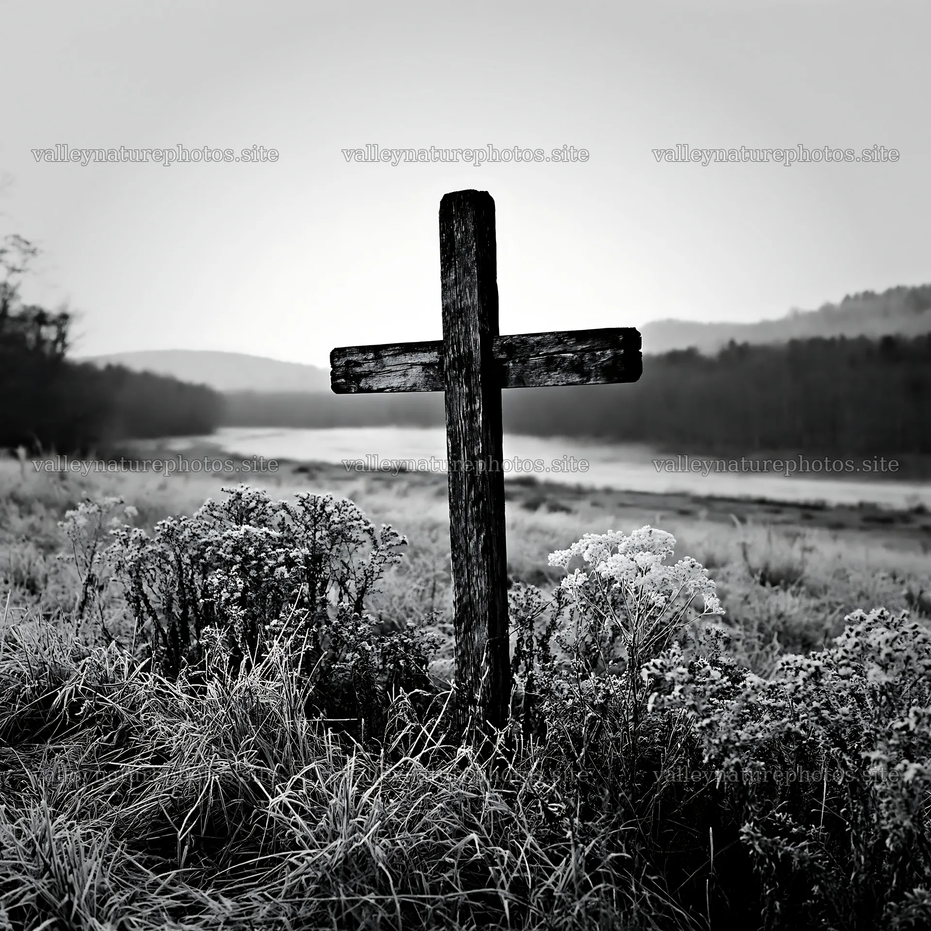 Cross in frost covered meadow by the river – nature photography 7938x7938