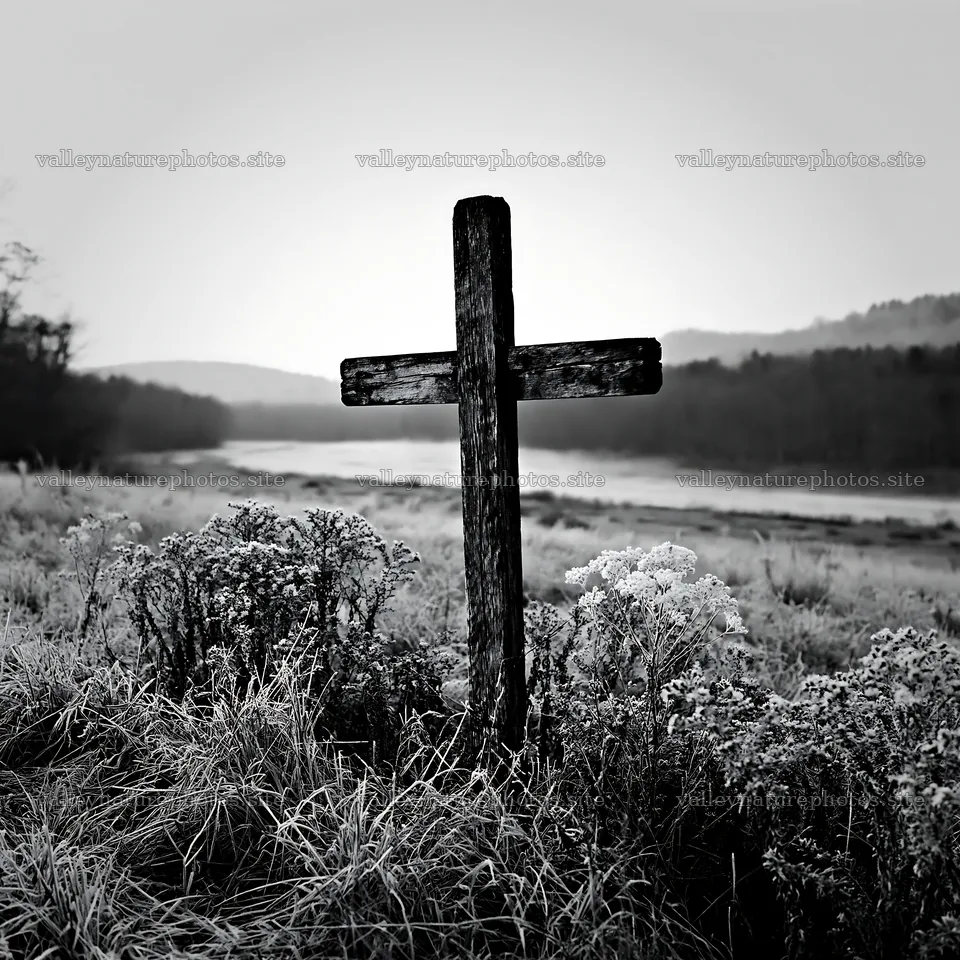 Cross in frost covered meadow by the river – nature photography 7938x7938