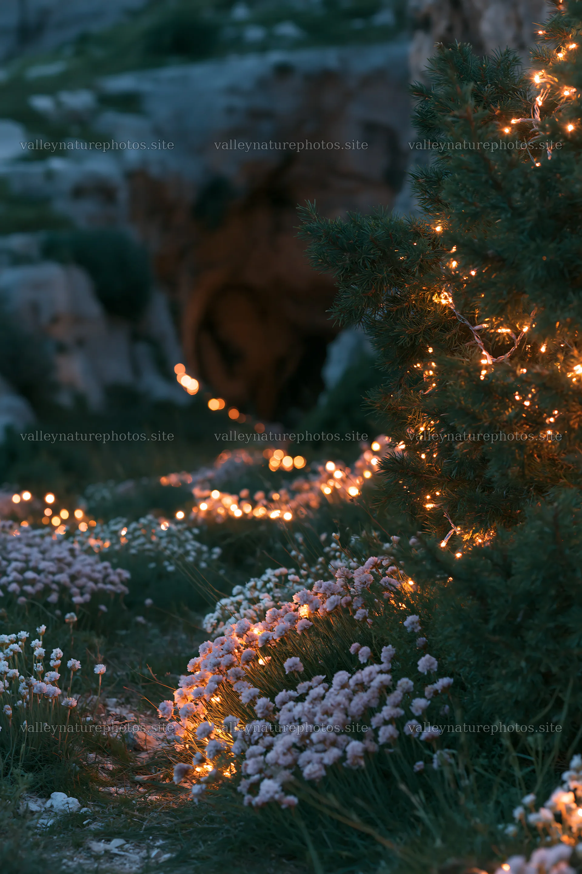 Christmas lights at dusk in a meadow by a cave – nature photography 6480x9722