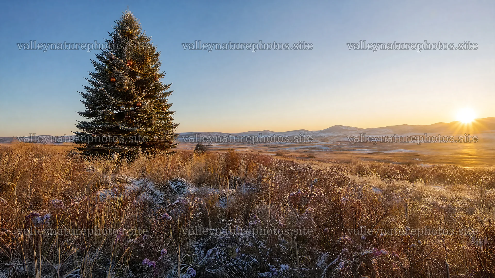 Vibrant Christmas tree in meadow under winter sunlight – nature photography 10584x5952