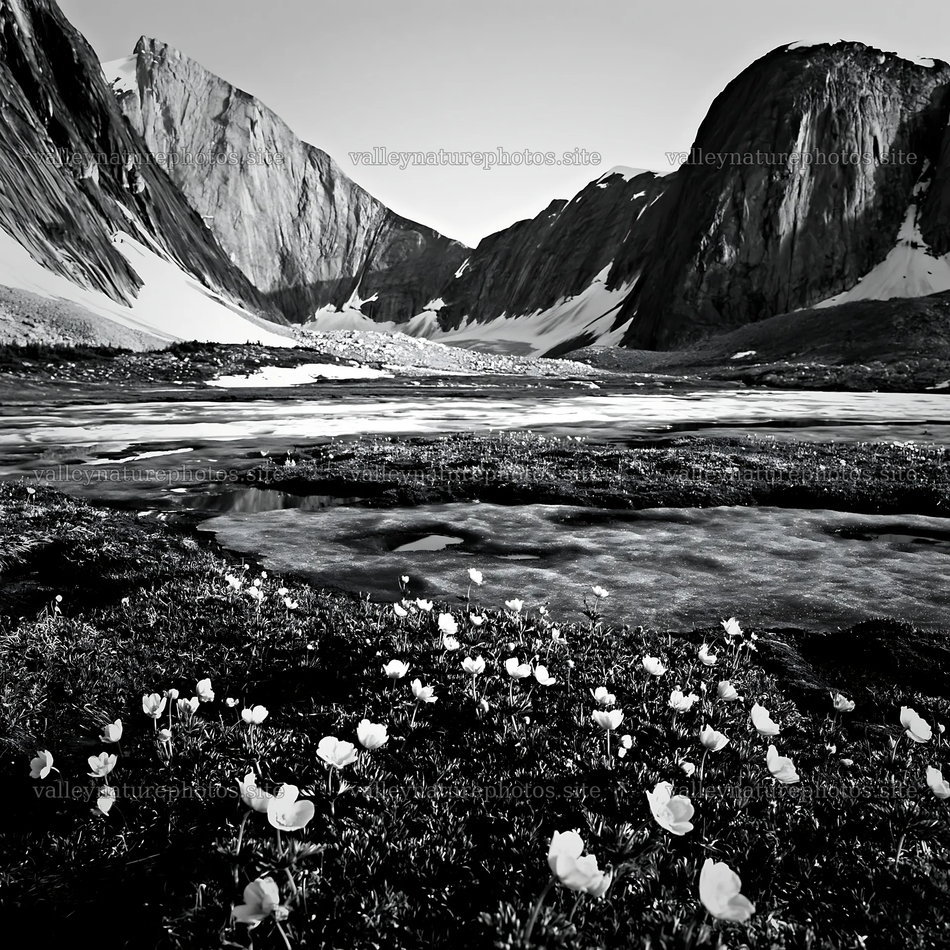 Frozen tarn meadow with spring flowers near mountains – nature photography 7938x7938