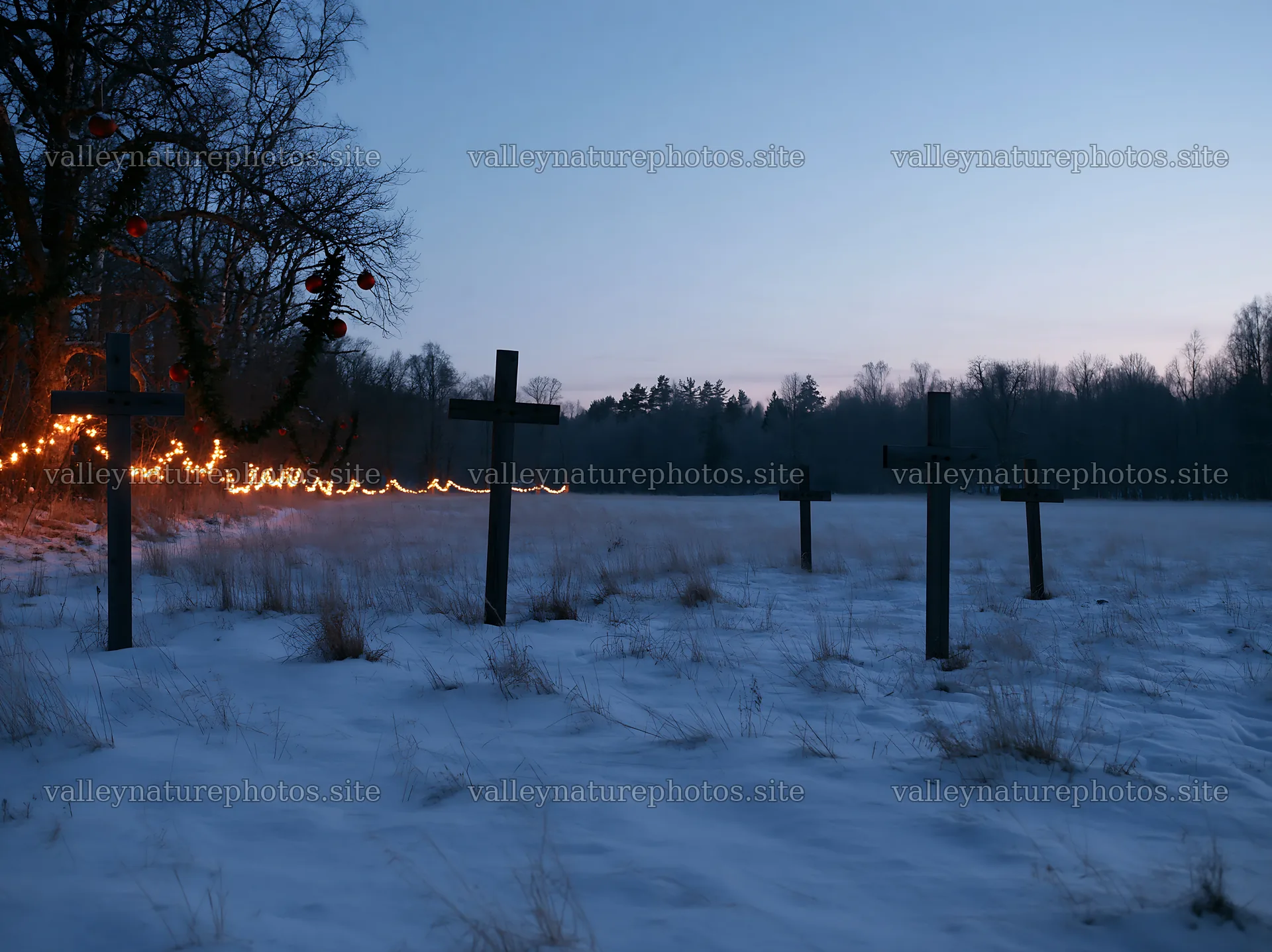 Christian crosses in snowy meadow at dusk – nature photography 9174x6866