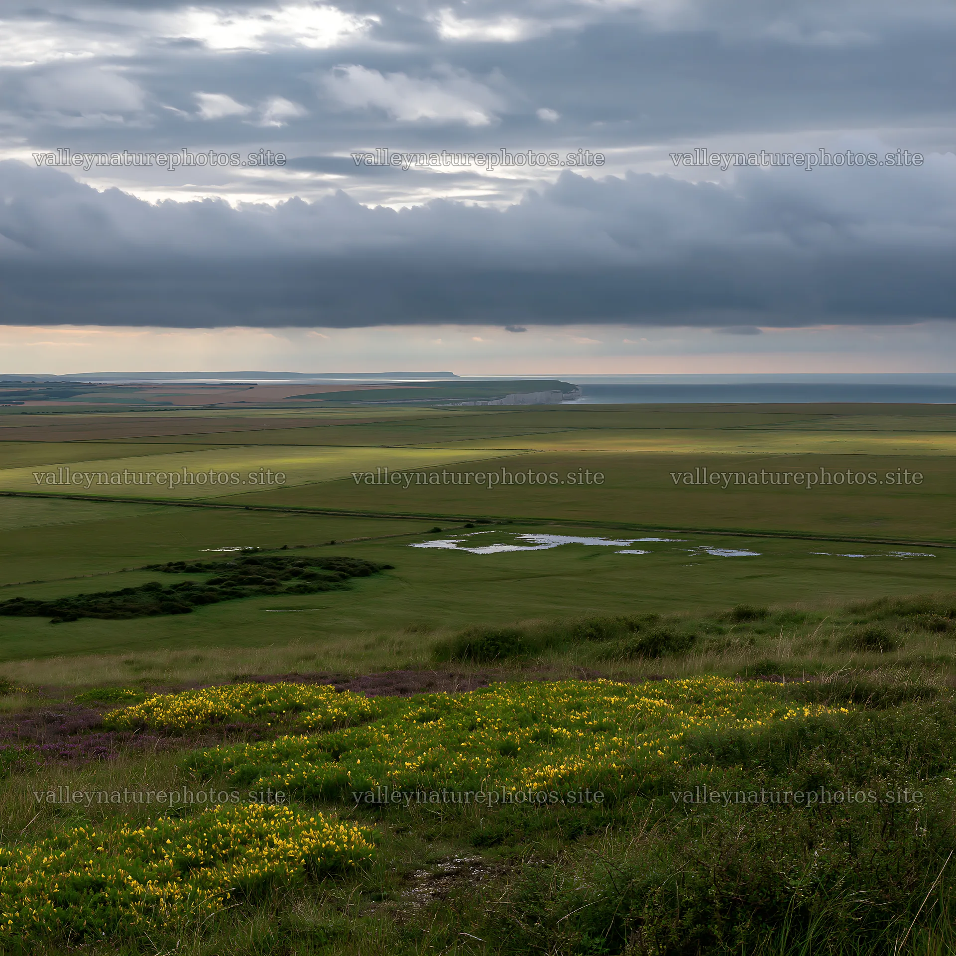 Cloudy chalk meadow view with water and land at dusk – nature photography 7938x7938