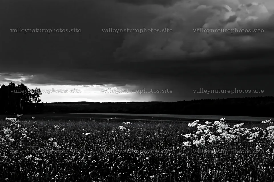 German foothill meadow under dark clouds – nature photography 9722x6480