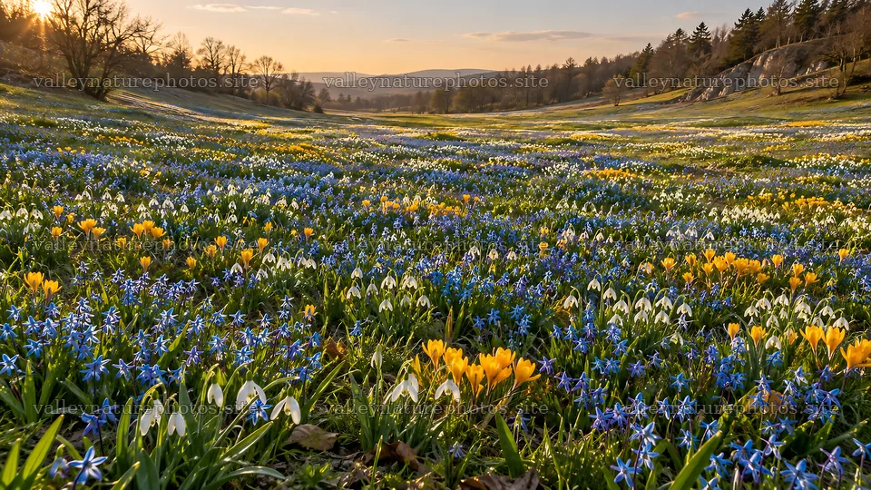 Spring Bulbs Across a Sunlit Meadow – nature photography 10324x5812