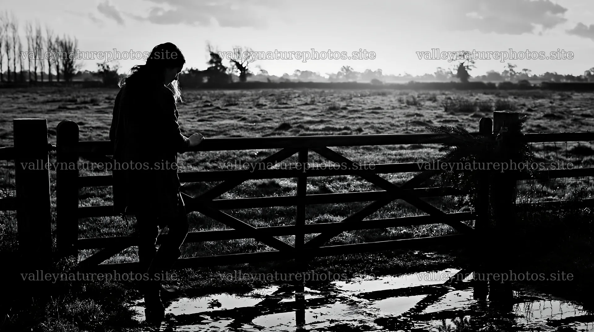 Meadow sunrise with a figure by the gate at dawn – nature photography 10608x5938