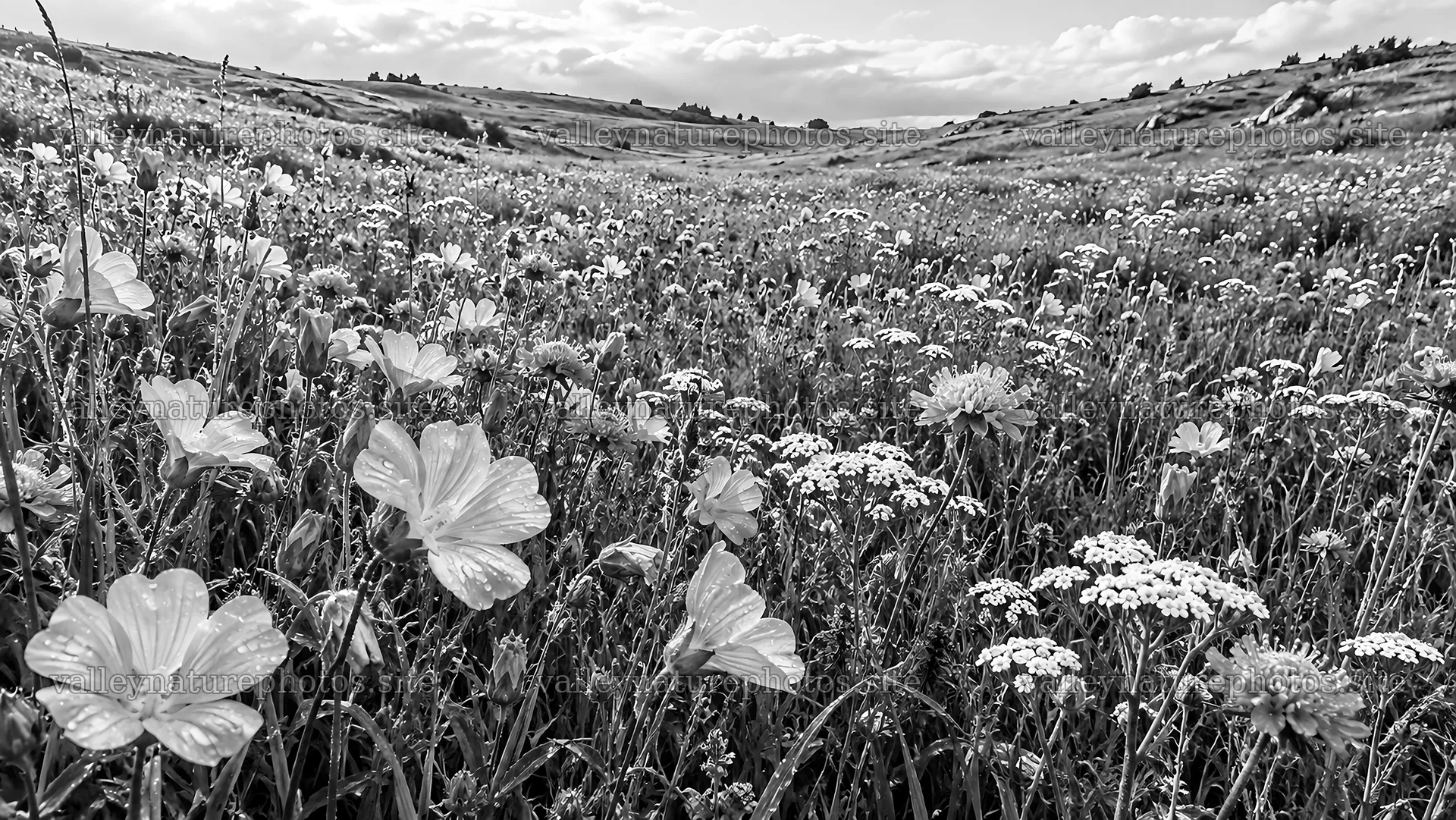 Black-and-White Wildflower Meadow on Rolling Hills – nature photography 10324x5812