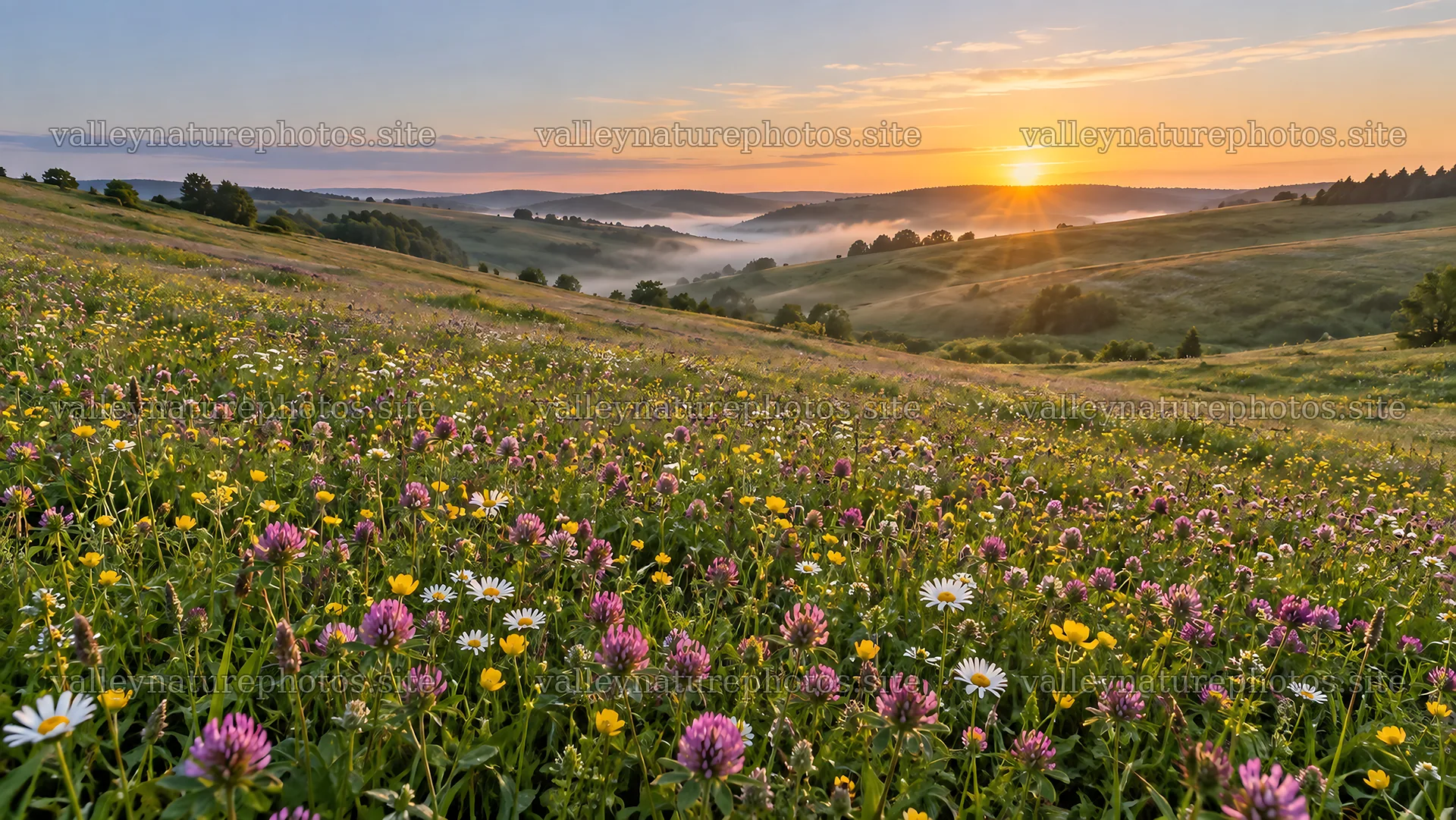 Wildflower Meadow on Rolling Hills in Golden Light – nature photography 10324x5812
