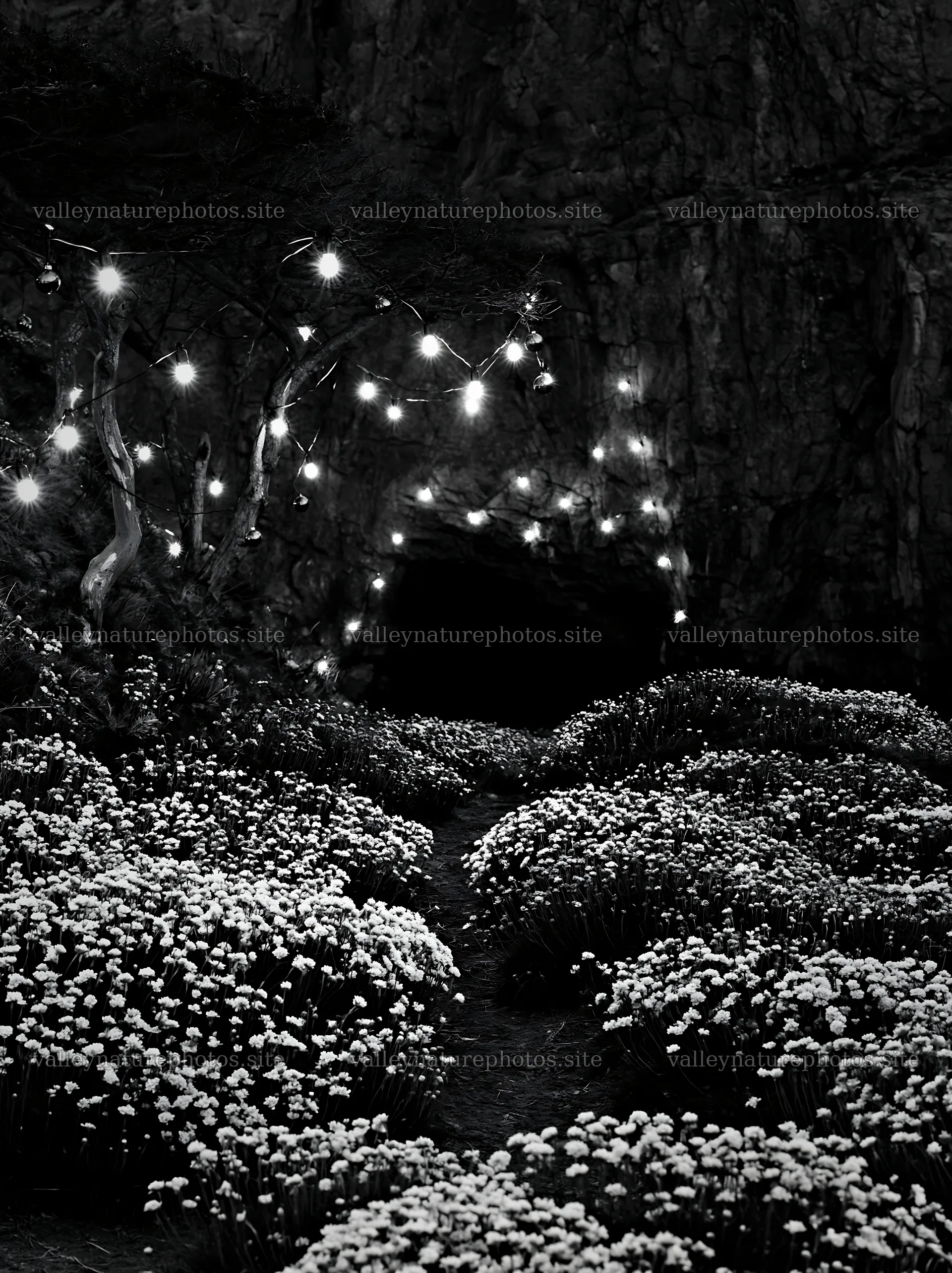 Christmas lights near cave with flowers in meadow – nature photography 6866x9174