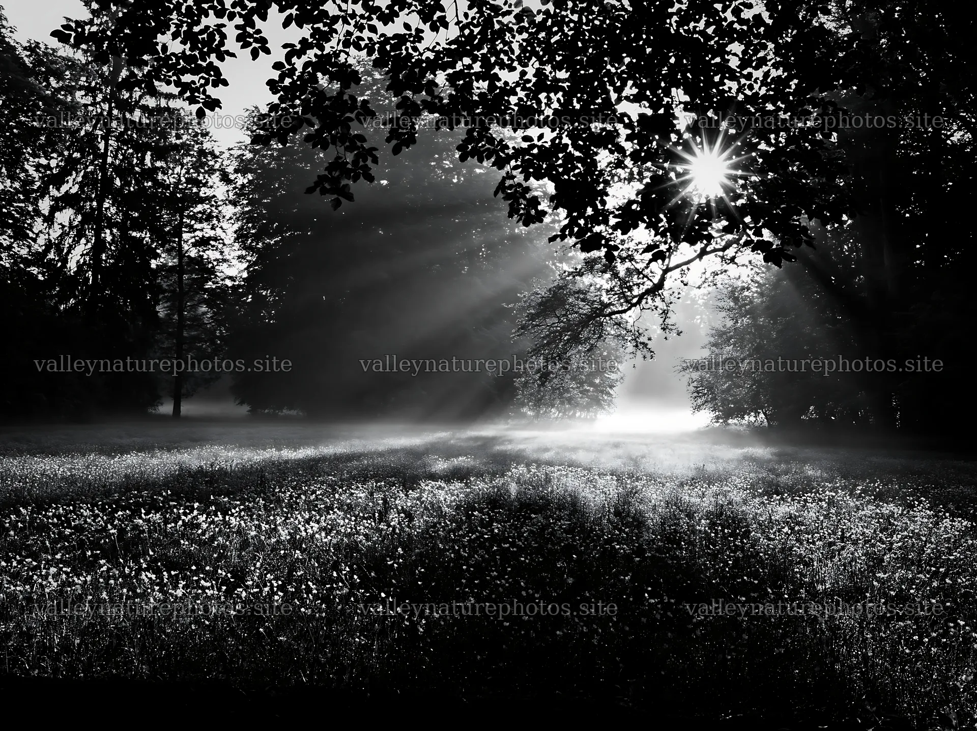 Misty forest meadow with sunlight shining through trees – nature photography 9174x6866