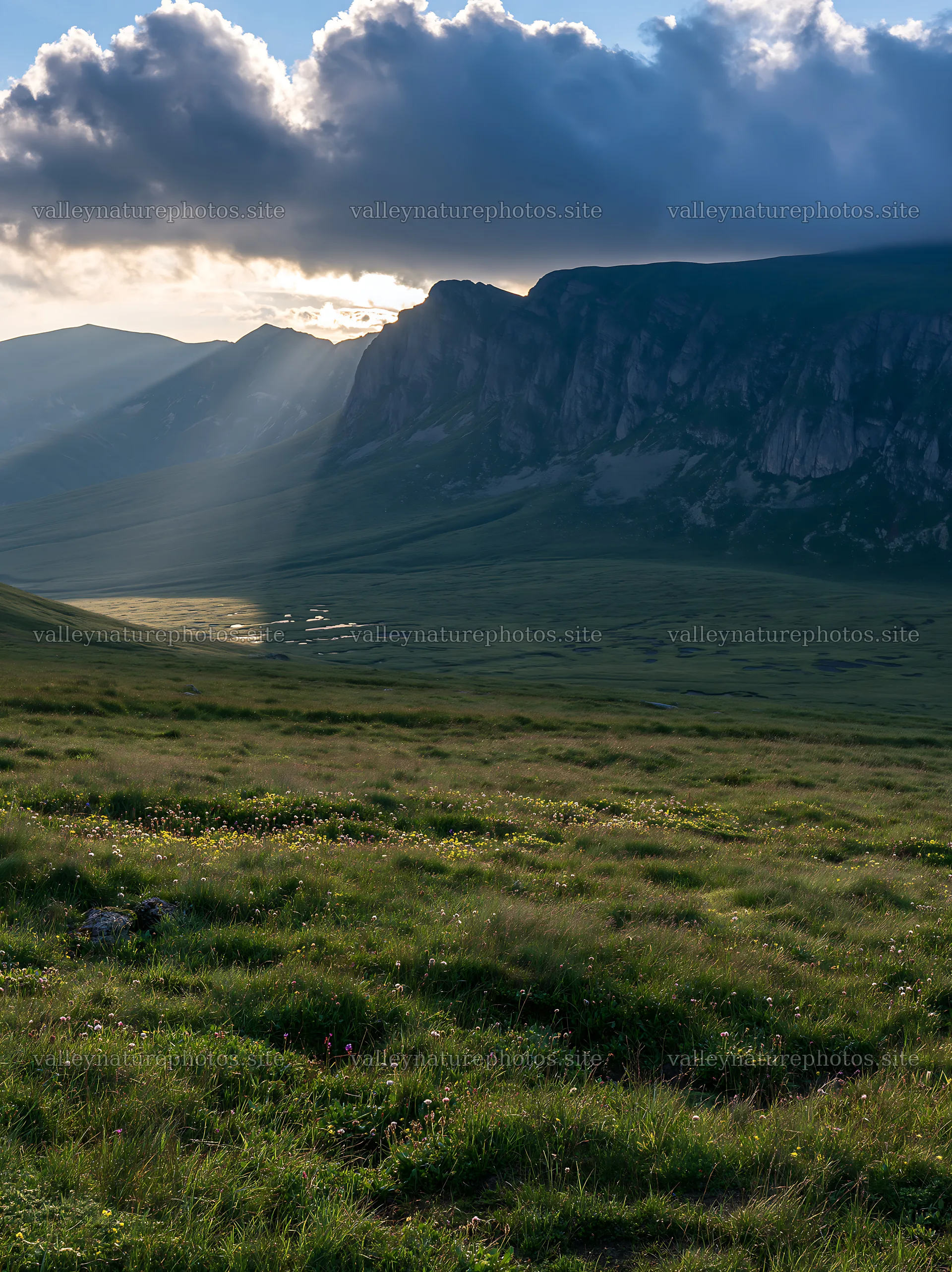 Light rays through clouds over Bucegi Mountains meadow – nature photography 6866x9174
