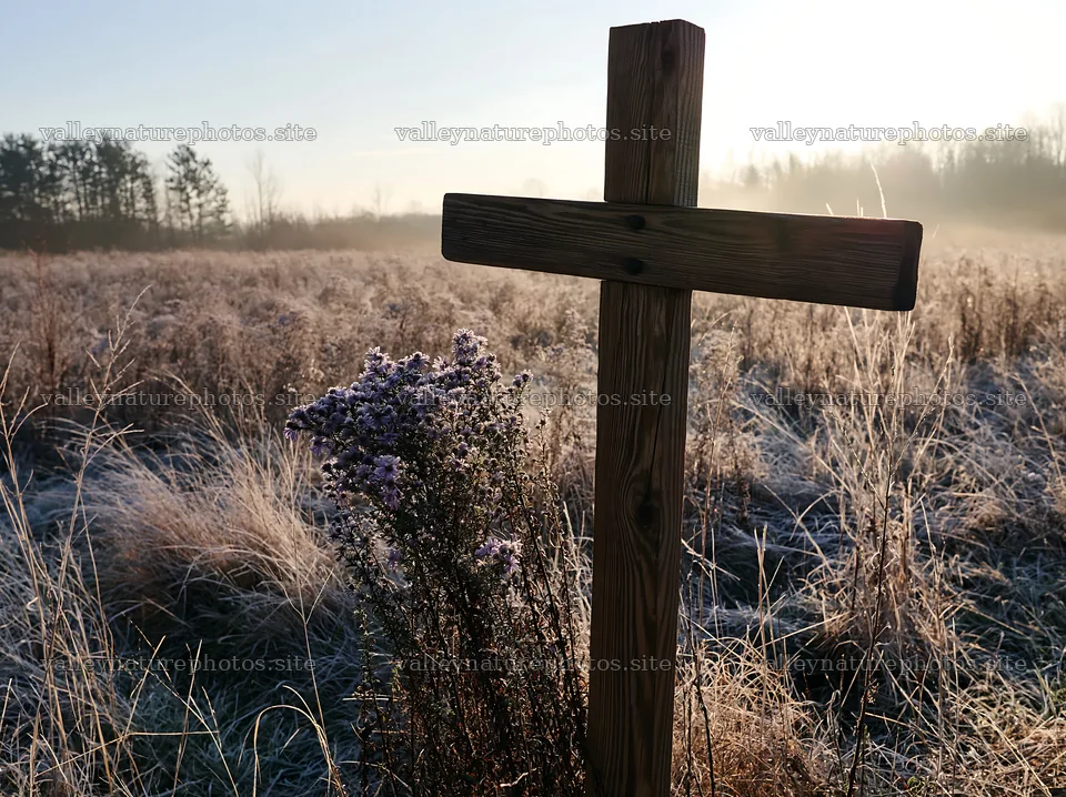 Wooden Christian cross in meadow during Christmas season – nature photography 9174x6866