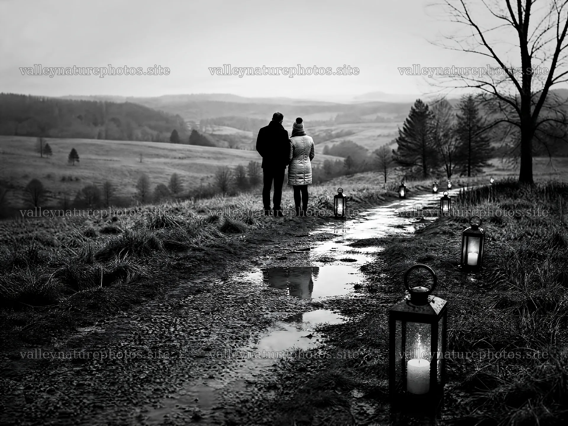 Couple walking on a meadow path during Christmas season – nature photography 9166x6874