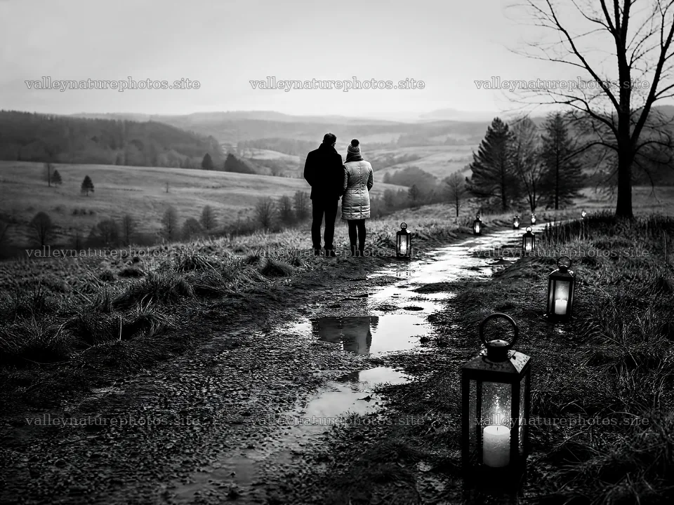 Couple walking on a meadow path during Christmas season – nature photography 9166x6874