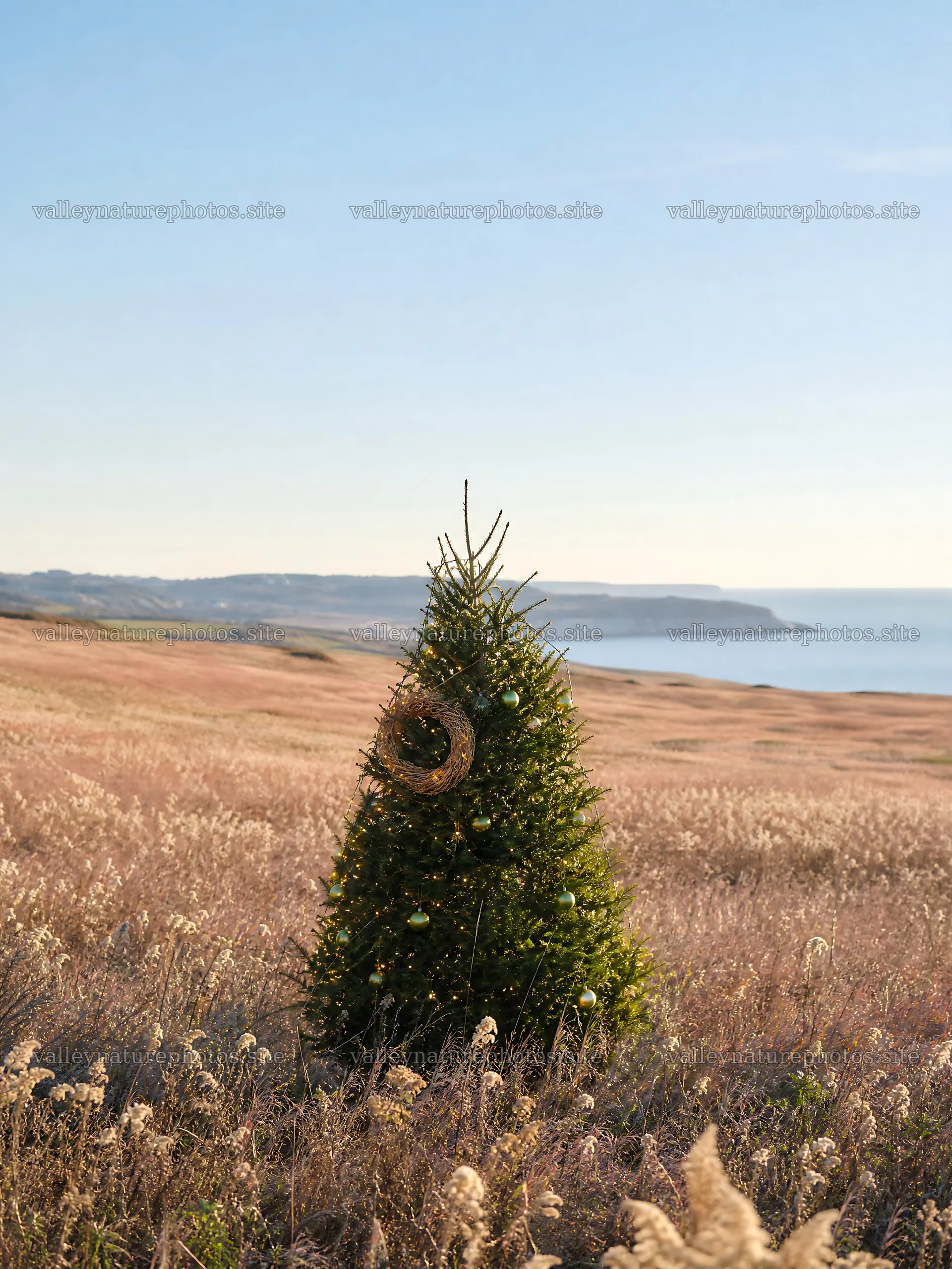 Vibrant Christmas tree in meadow under winter sunlight – nature photography 6874x9166