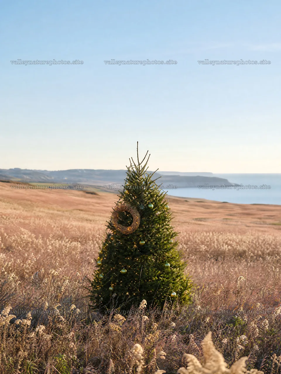 Vibrant Christmas tree in meadow under winter sunlight – nature photography 6874x9166