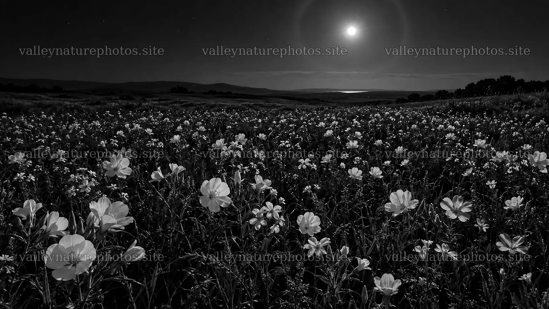 Moonlit Wildflower Field in Darkness – nature photography 10324x5812